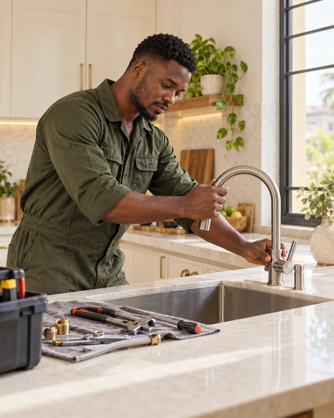 A plumber working on a kitchen repair