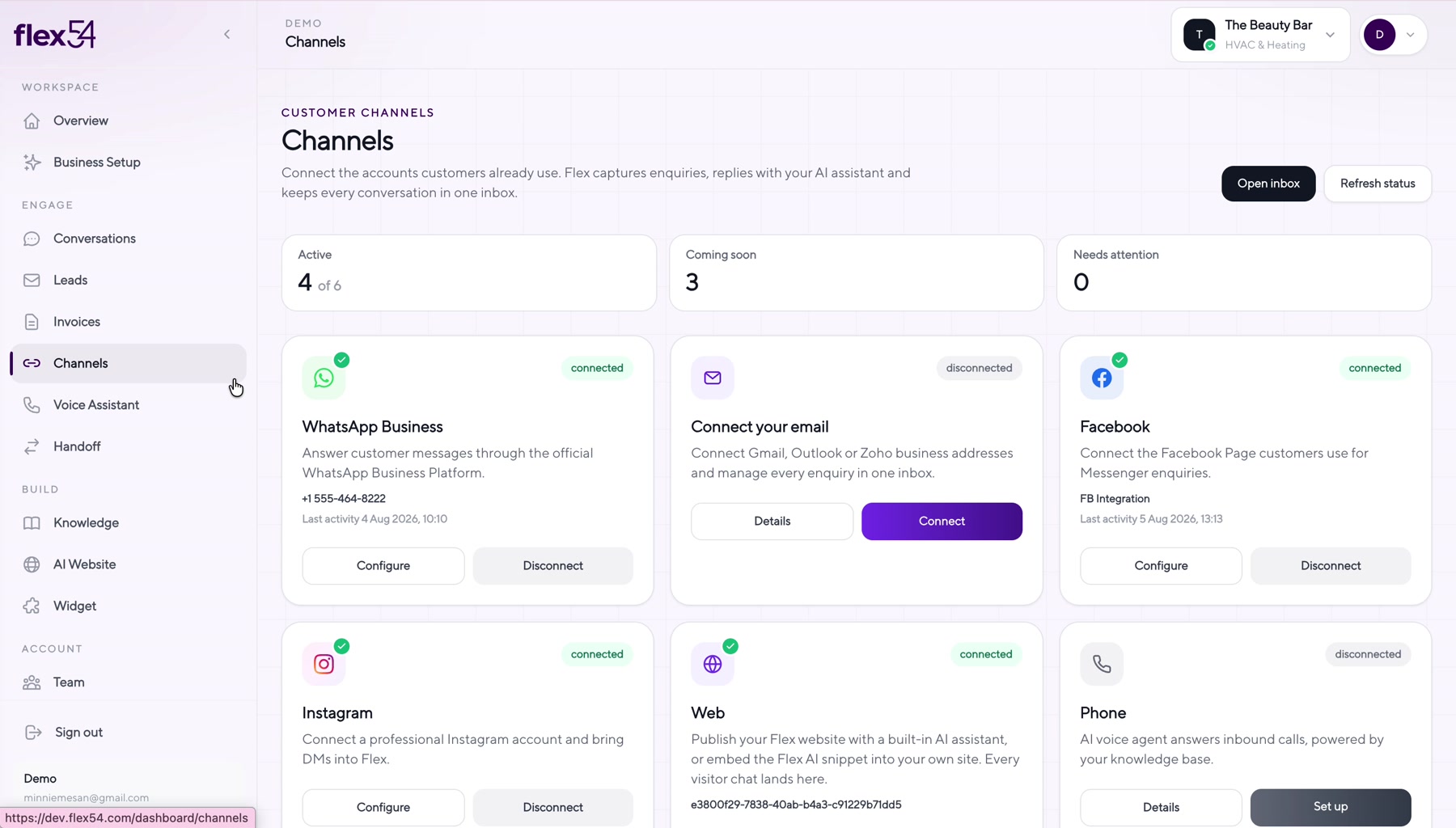 Flex54 Channels page with the Facebook card visible