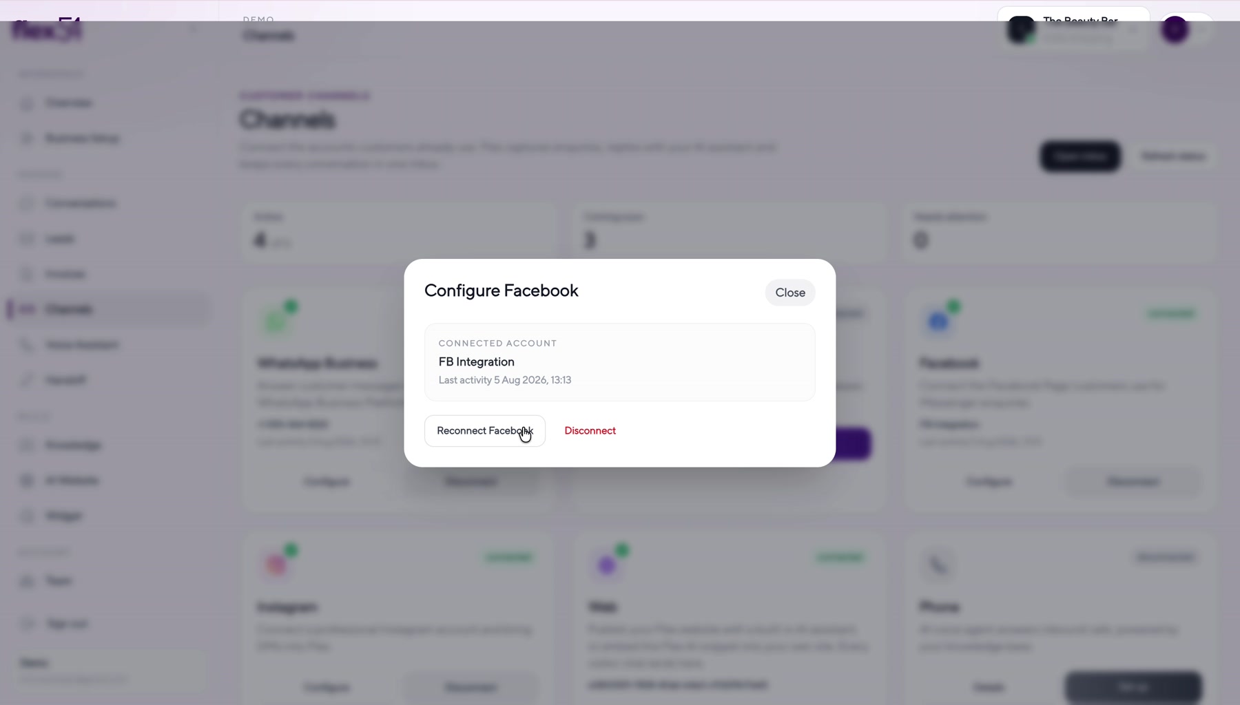 Flex54 Facebook channel configuration dialog
