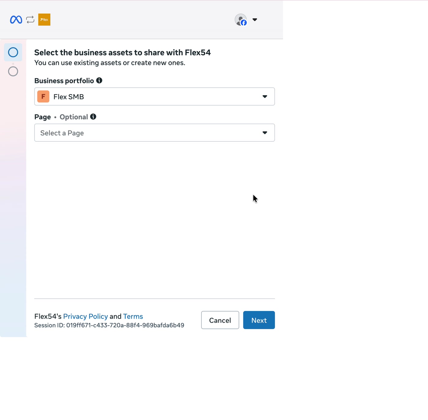Meta screen for selecting a business portfolio