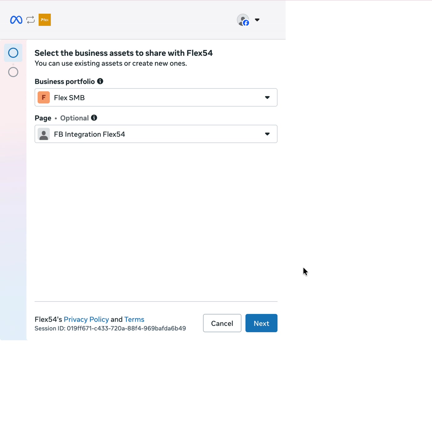Meta screen for choosing a Facebook Page