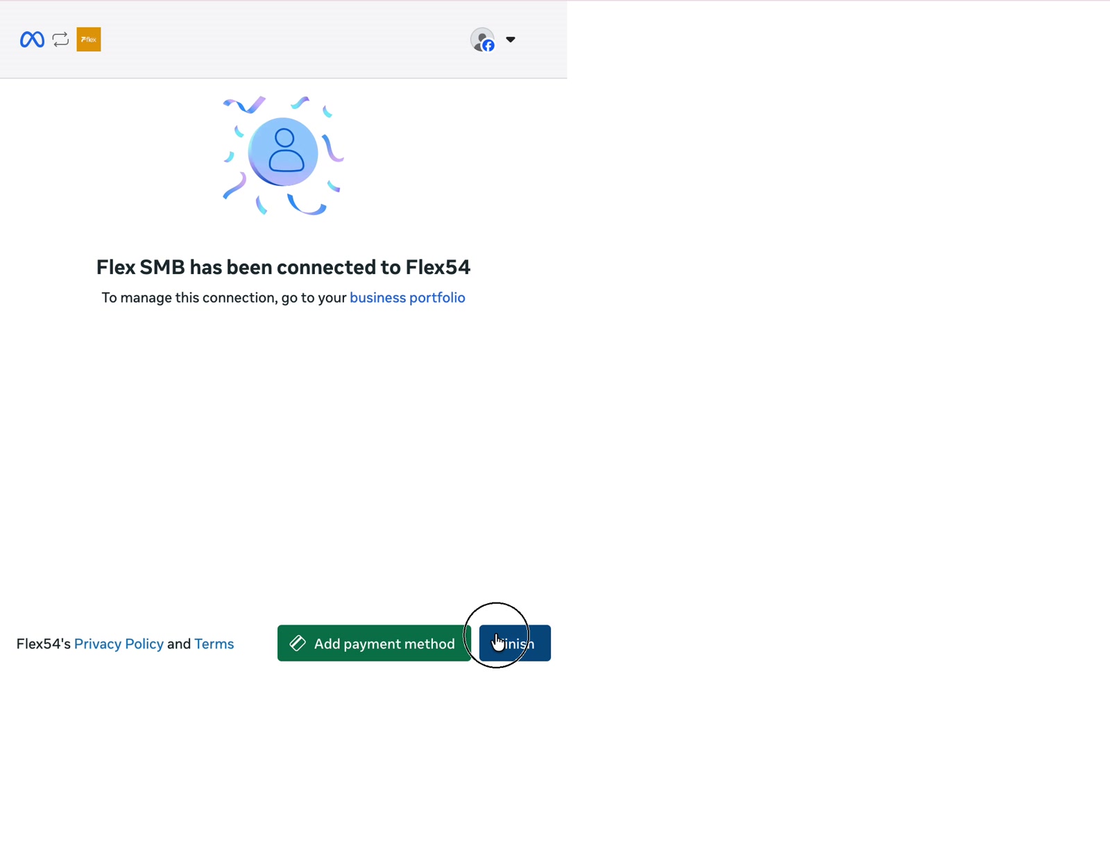 Meta confirmation that a Facebook Page is connected to Flex54