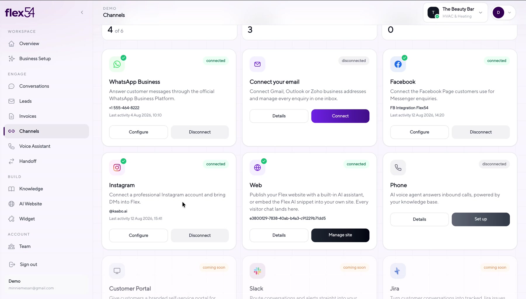 Flex54 Channels page with the Instagram card visible