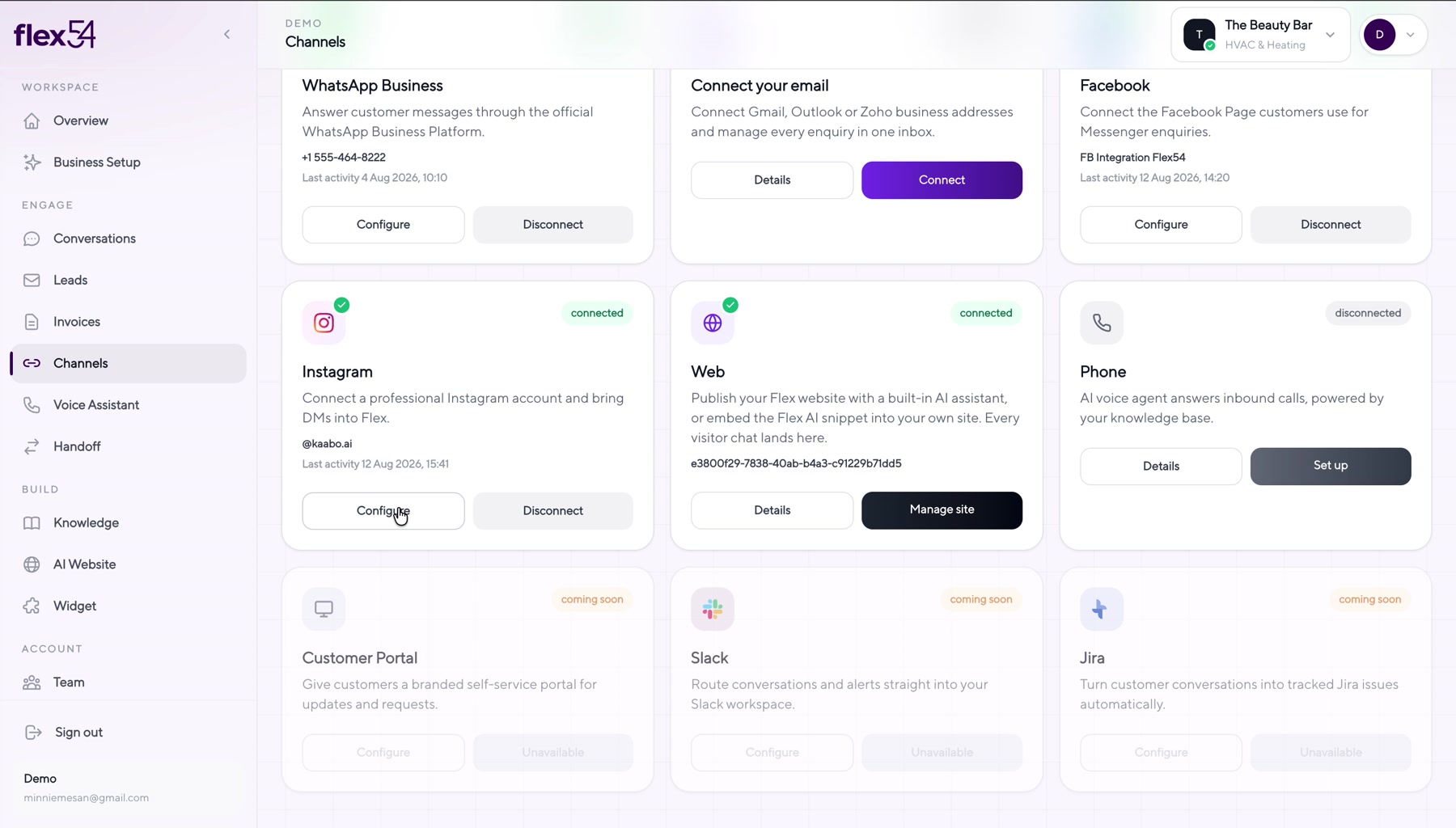 Flex54 Instagram channel configuration dialog