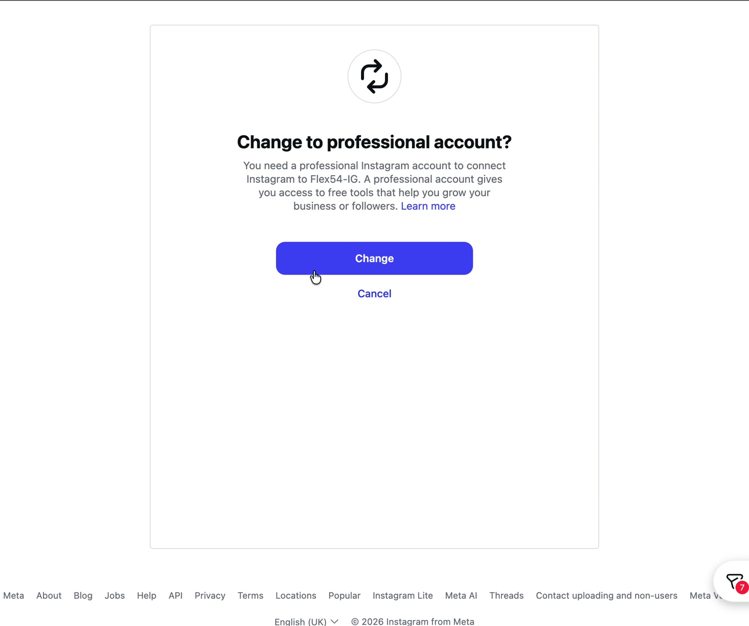 Instagram prompt to change to a professional account