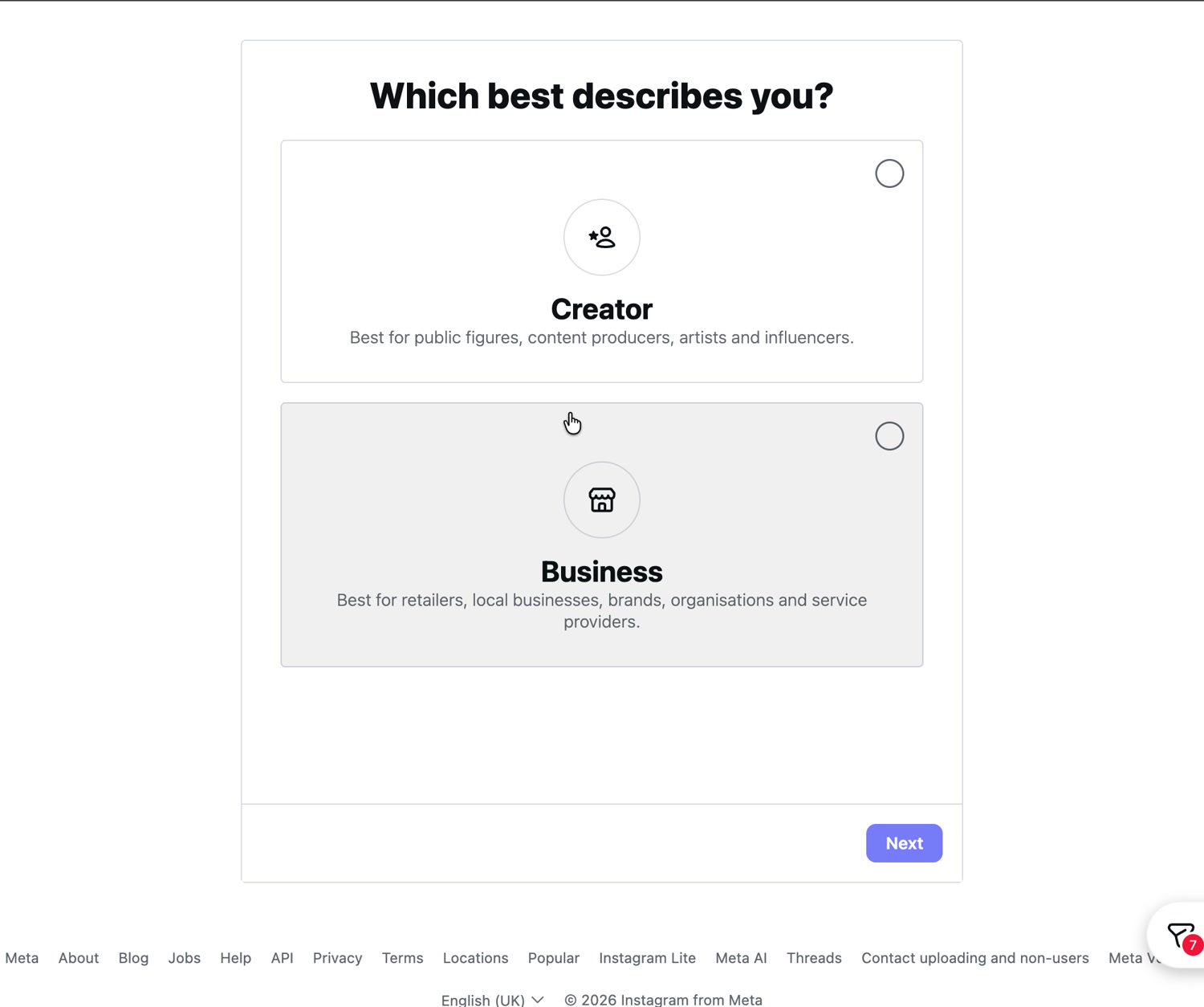 Instagram screen for choosing Business or Creator account type