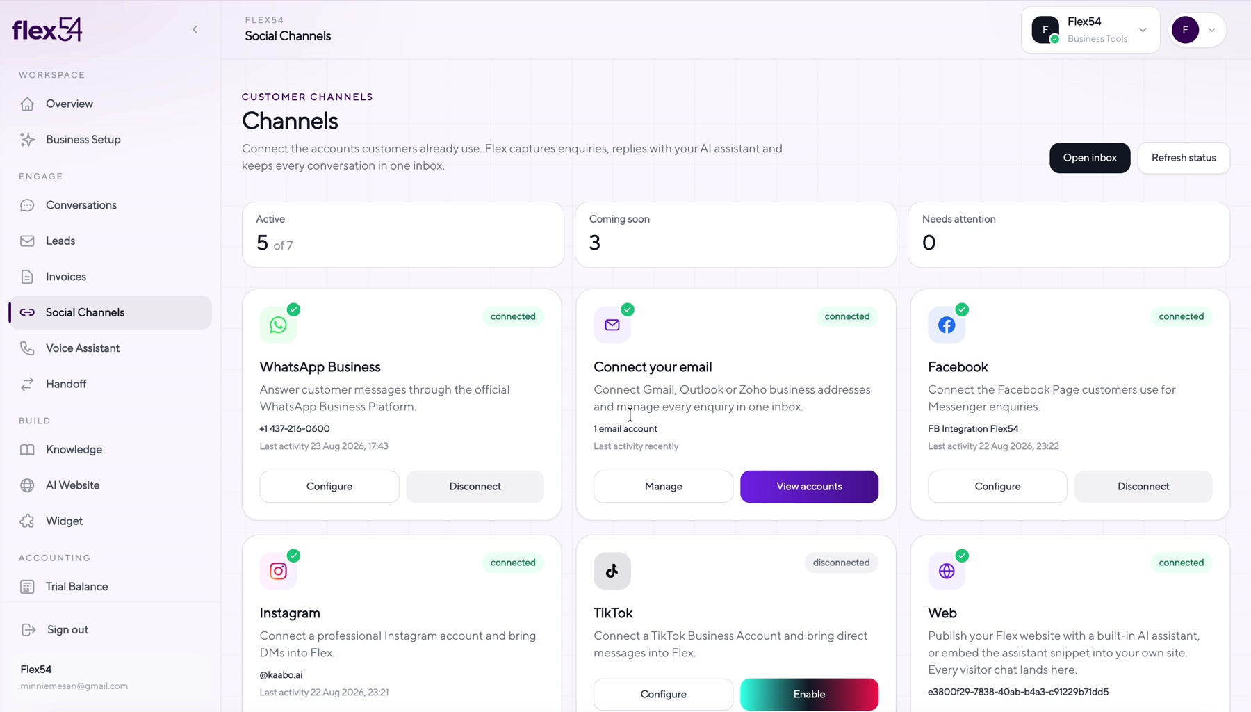 Flex54 Channels page with the TikTok card