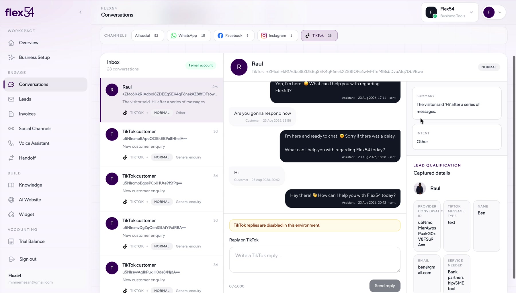 Flex54 Conversations view with a TikTok conversation
