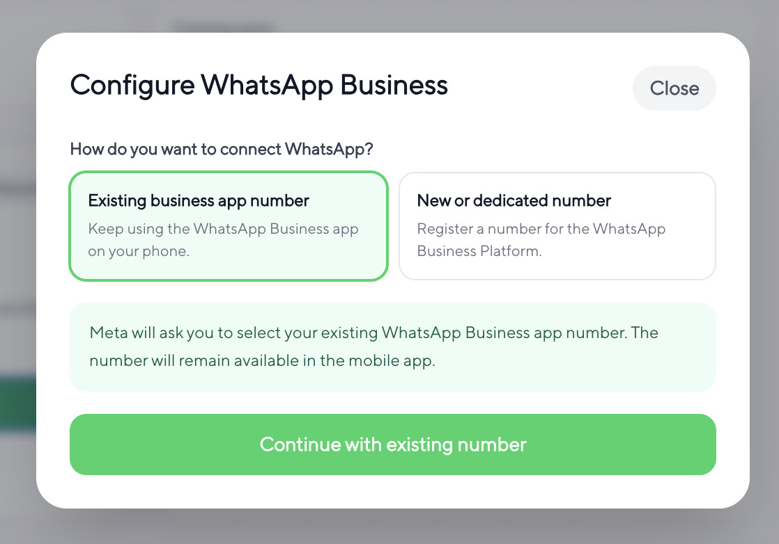 WhatsApp connection dialog with existing number and dedicated number options