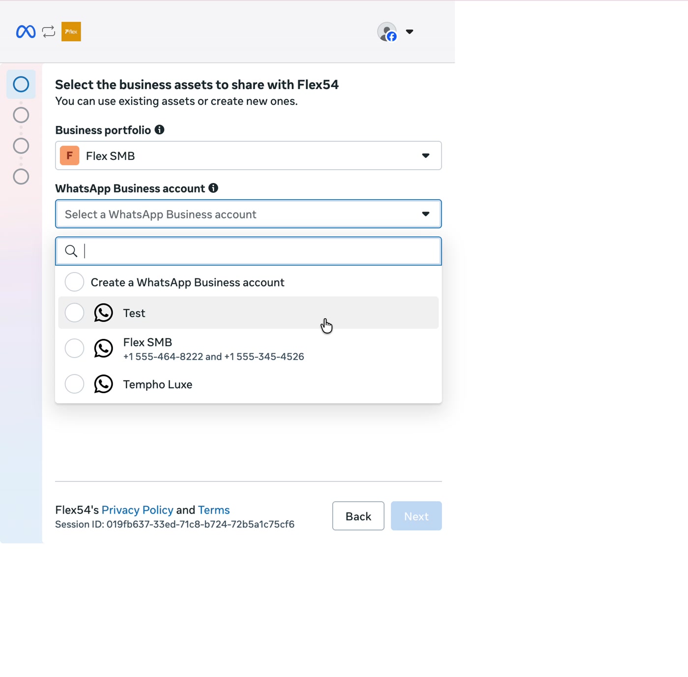 Meta screen for selecting a WhatsApp Business Account