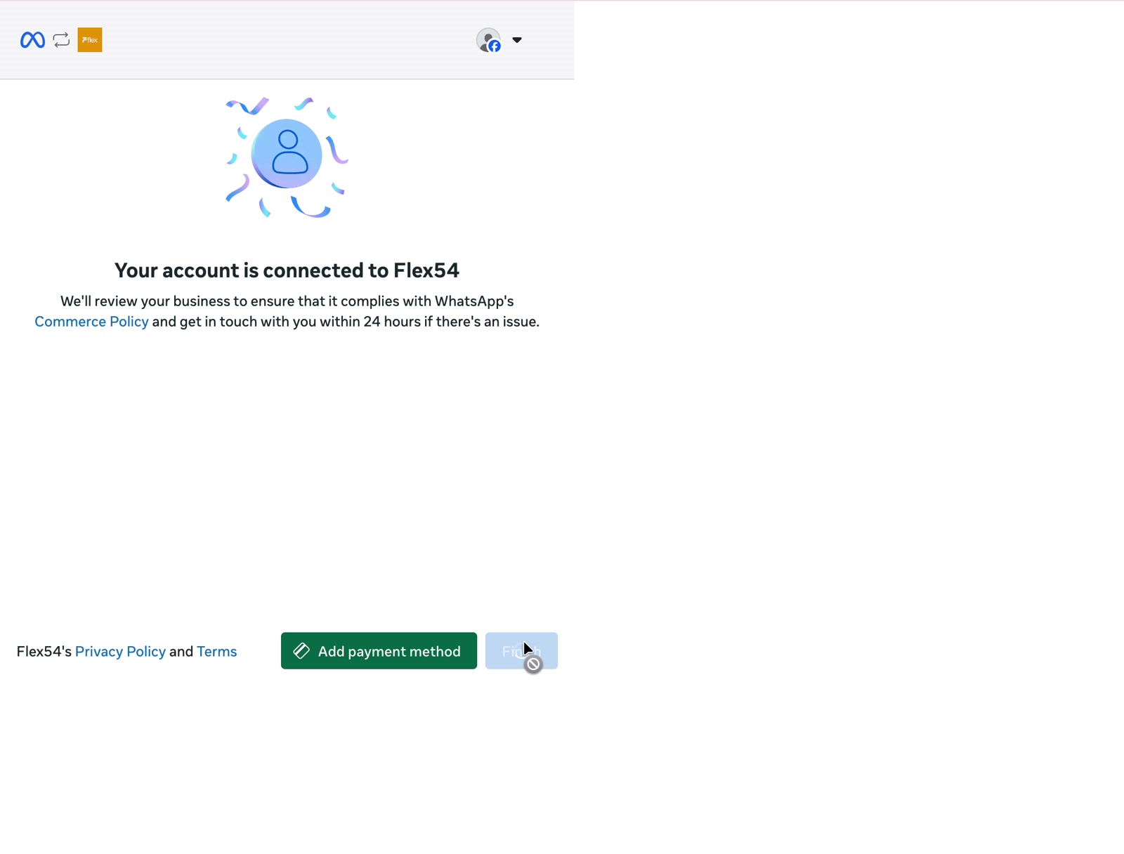 Meta confirmation that the WhatsApp account is connected to Flex54